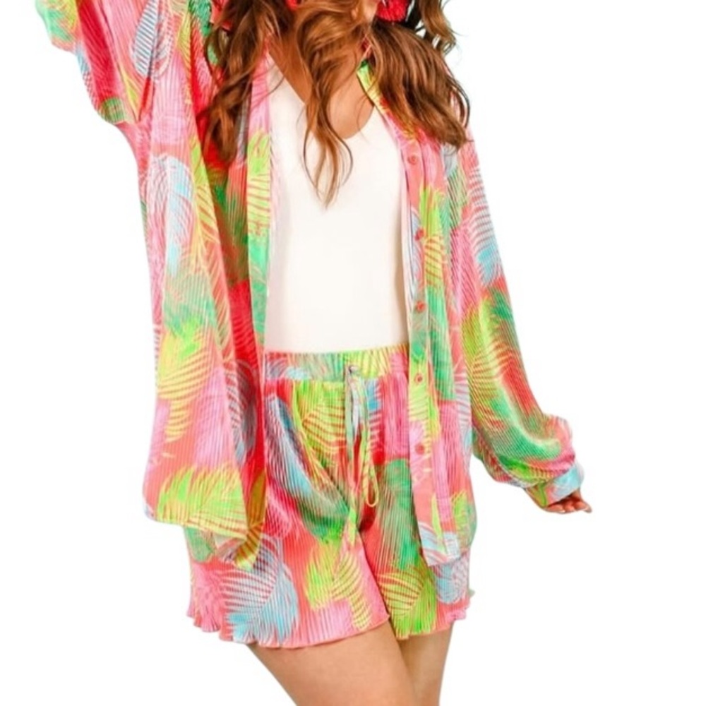 Jess Lea Malibu Sunset pleated short and top coord resort wear vibrant neons. LG - Picture 7 of 16